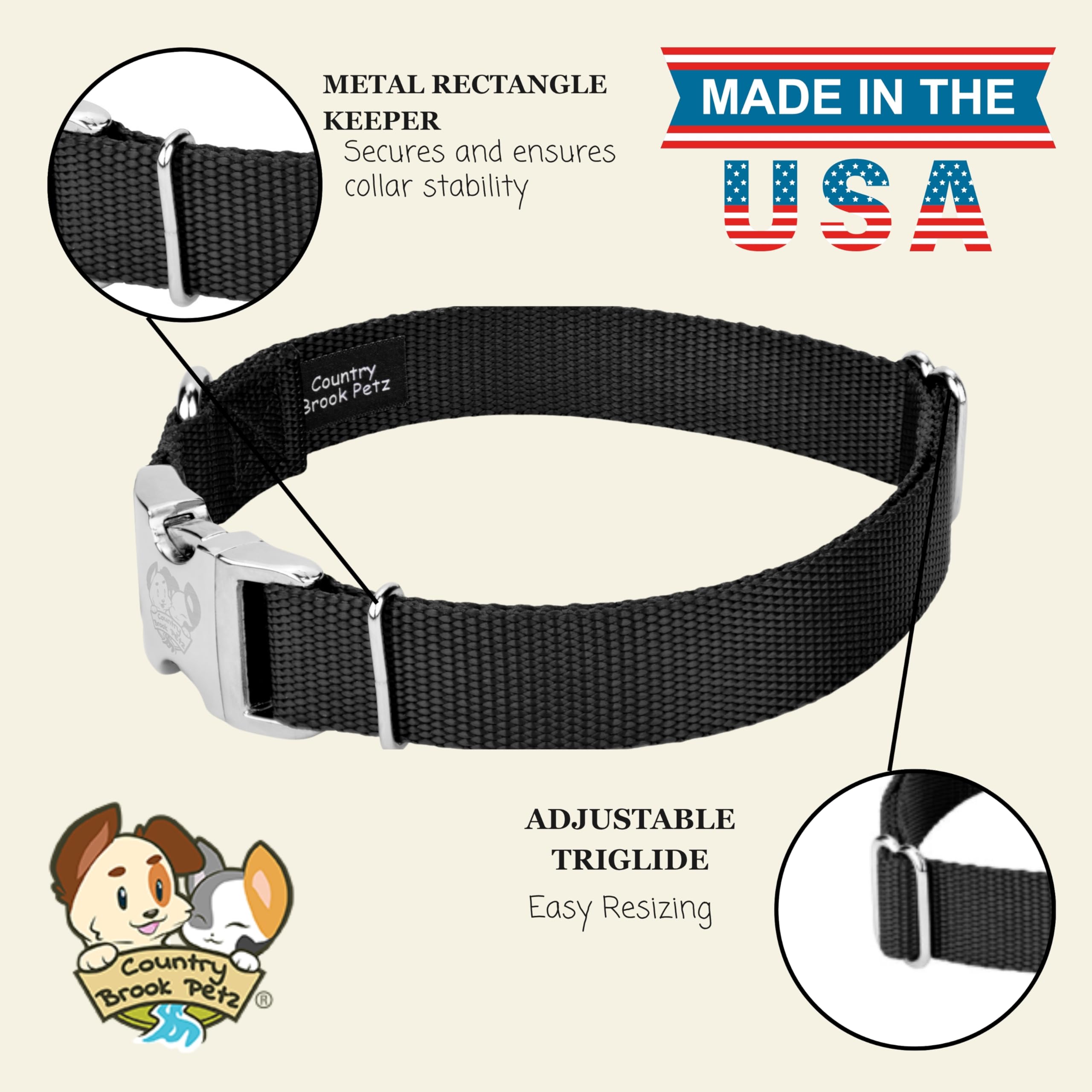 Country Brook Petz Premium Nylon Dog Collar with Metal Buckle for Small Medium Large Breeds - Vibrant 30+ Color Selection (Medium, 3/4 Inch, Black)