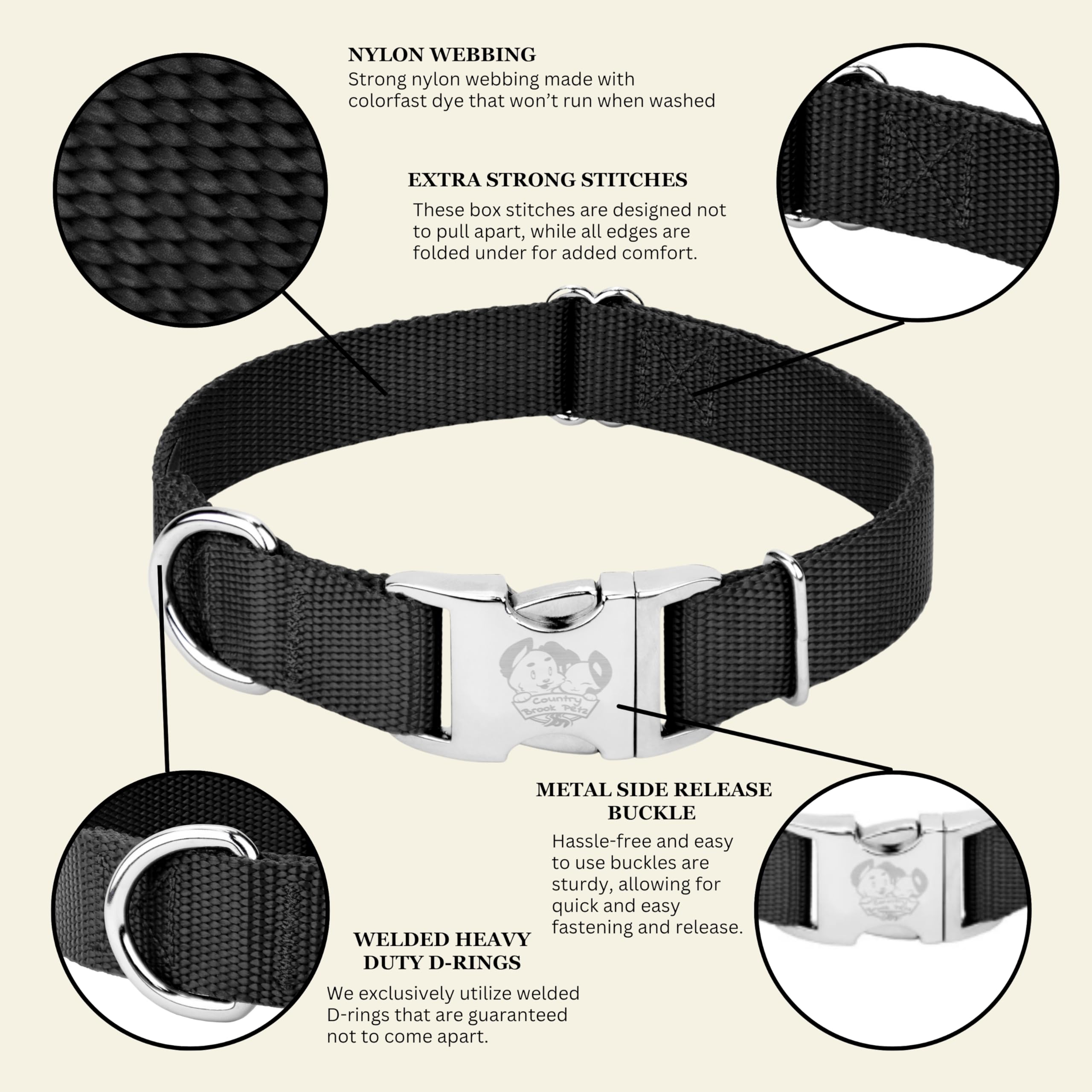 Country Brook Petz Premium Nylon Dog Collar with Metal Buckle for Small Medium Large Breeds - Vibrant 30+ Color Selection (Medium, 3/4 Inch, Black)